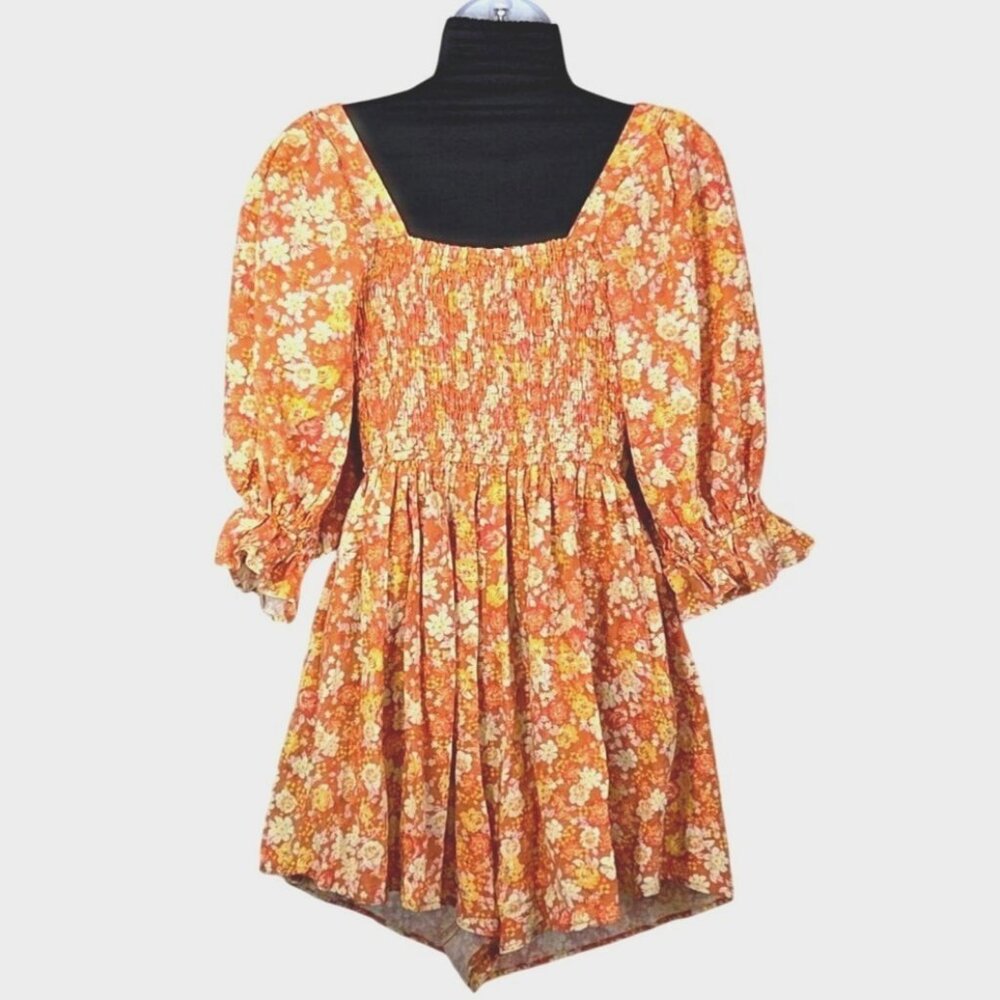 Free People Show Me Love Linen Romper Orange Floral Smocked Dress W Tie Front Sm - Picture 3 of 8